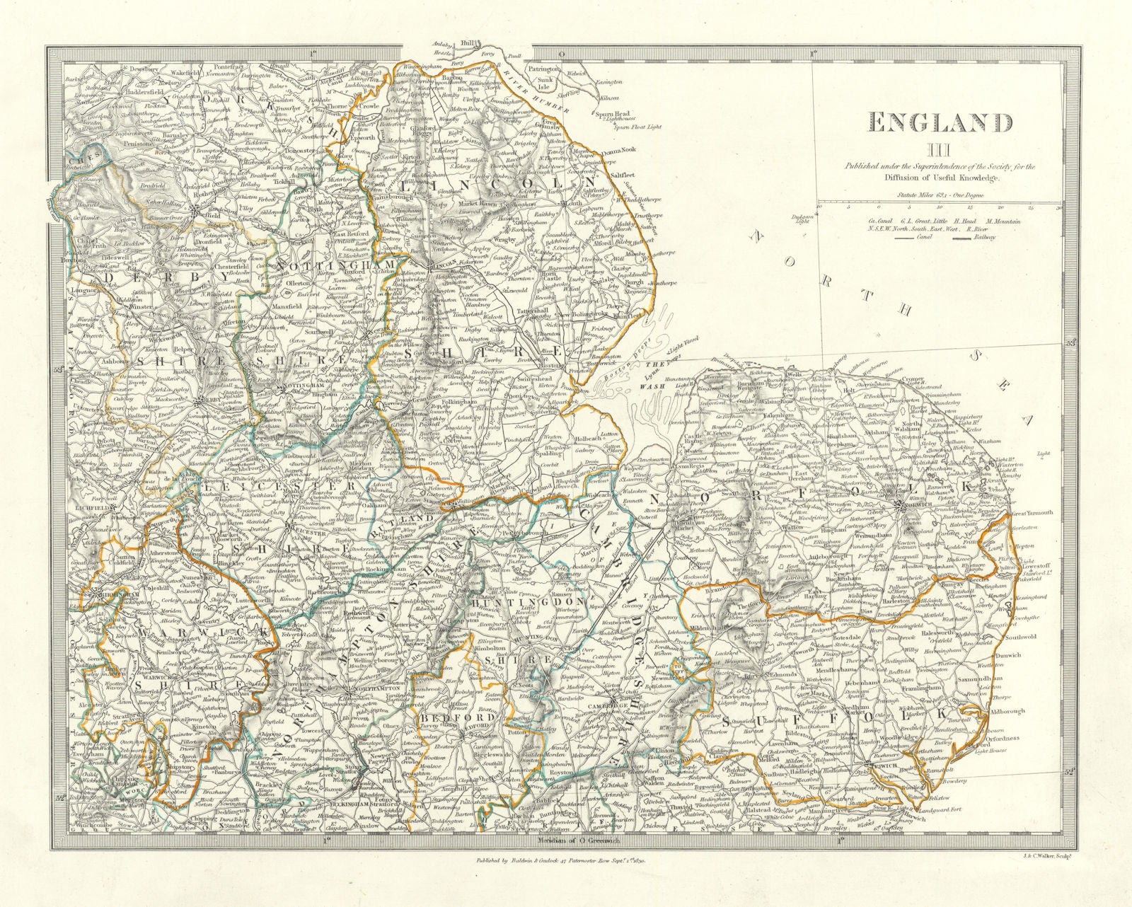 ENGLAND EAST. Norfolk Suffolk Cambs Lincs Leics Derbys Notts. SDUK 1844 map